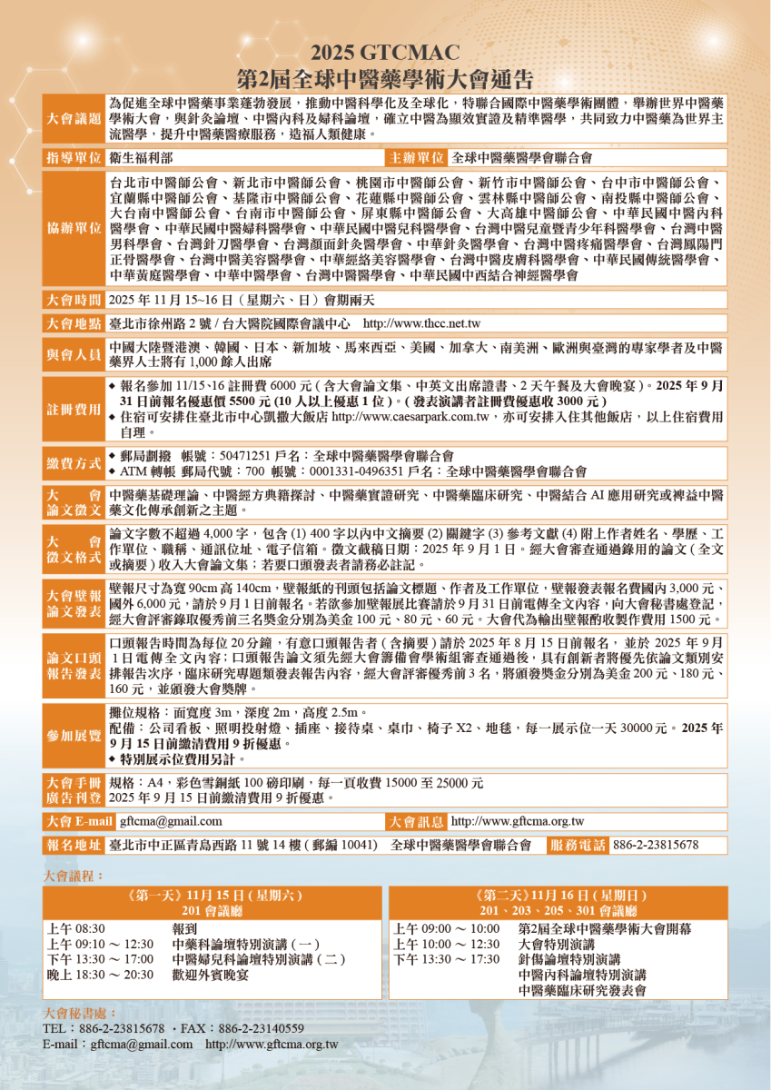 2025 第二屆 全球中醫藥學術大會 Global Traditional Chinese Medicine Academic Conference